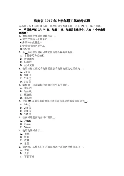 海南省2017年上半年钳工基础考试题