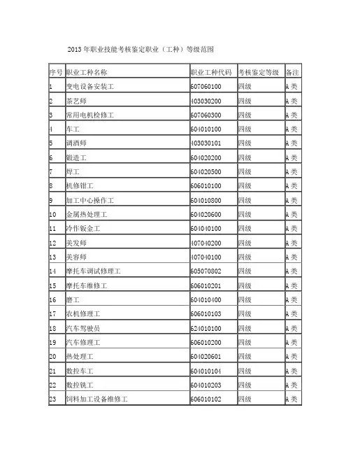 职业技能考核鉴定工种(中级工种)