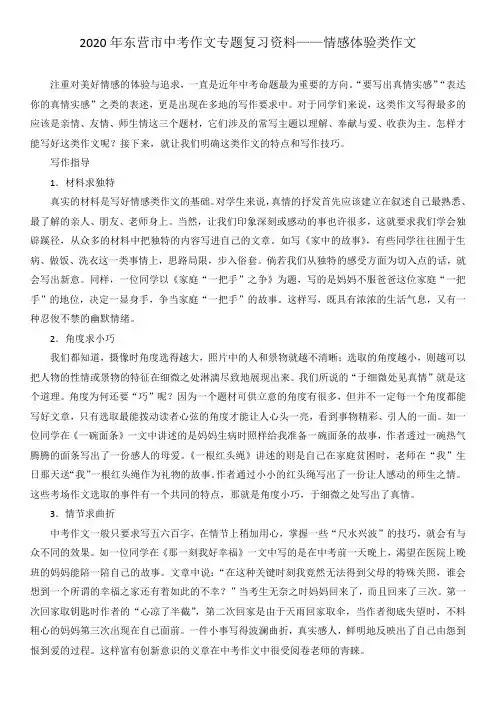 2020年东营市中考作文专题复习资料——情感体验类作文