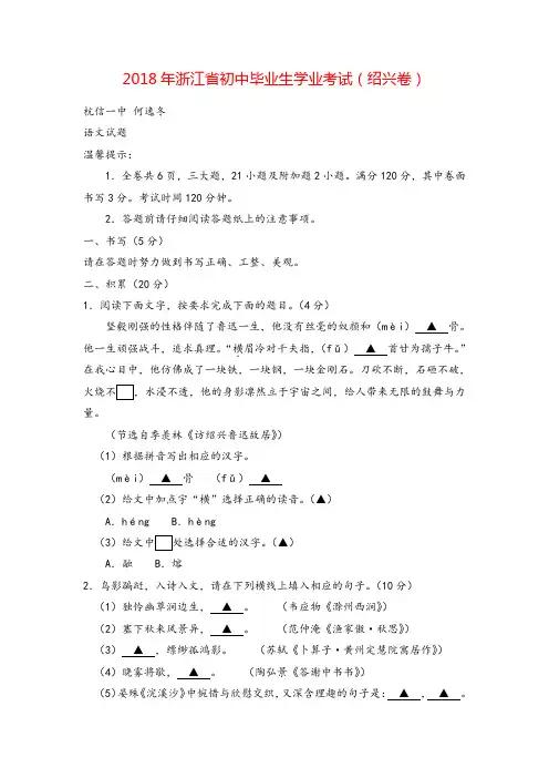 浙江省绍兴市2018年中考语文试题(word版,含答案)