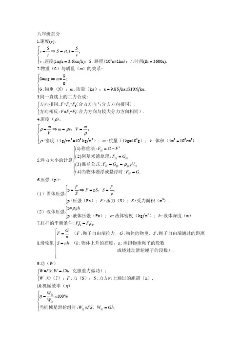 人教版初中物理公式大全(中考复习)