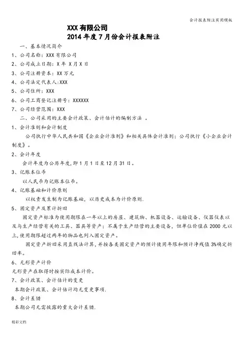 会计报表附注实用模板