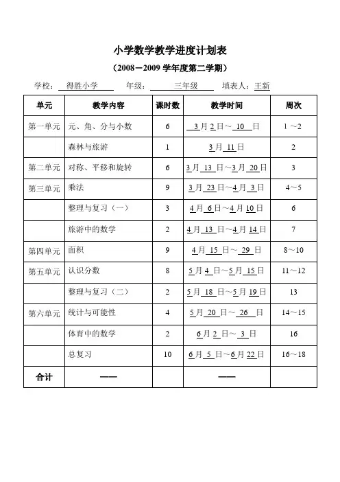 小学数学教学进度计划表