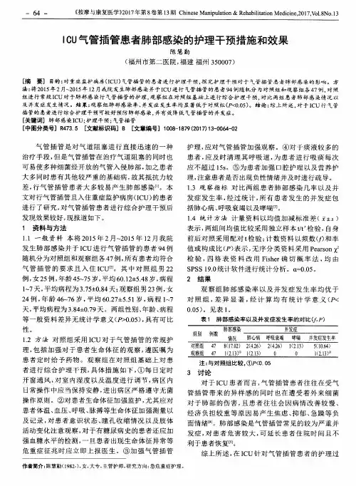 ICU气管插管患者肺部感染的护理干预措施和效果
