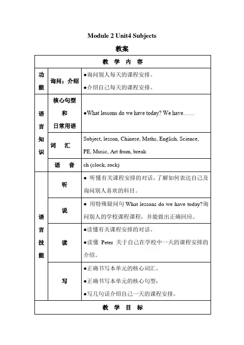 沪教牛津版四年级下册英语教案 module 2 unit 4 subjects