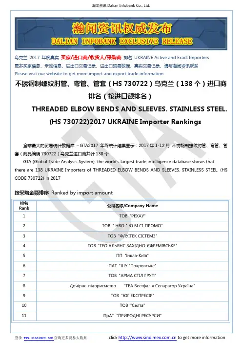 不锈钢制螺纹肘管、弯管、管套(HS 730722)2017 乌克兰(138个)进口