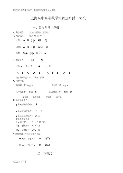 上海高中高考数学知识点总结(大全)演示教学
