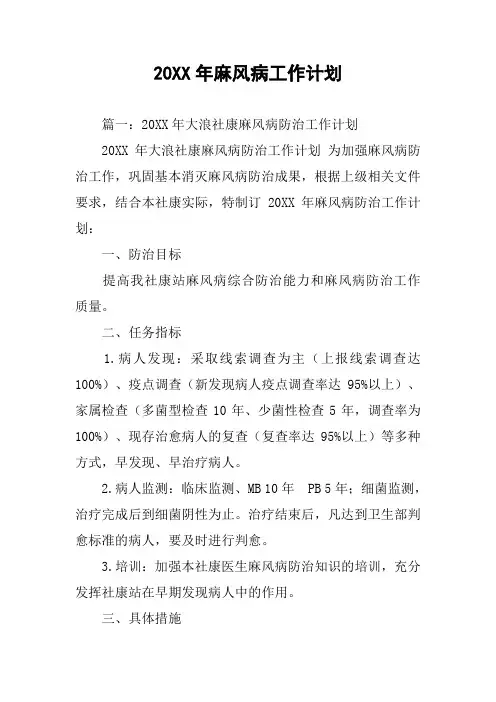 20XX年麻风病工作计划
