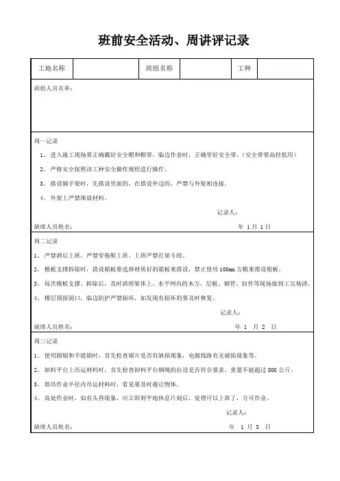 班前安全活动、周讲评记录
