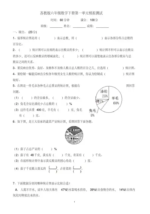 苏教版小学六年级数学下册第1单元《扇形统计图》综合练习题附答案