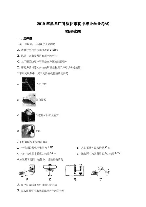 2019年黑龙江省绥化市中考物理试题(原卷+解析版)真题含答案