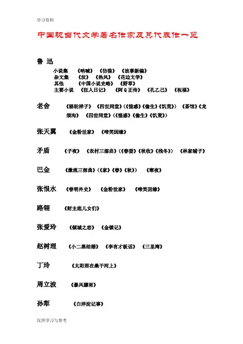 中国现当代文学著名作家及其代表作一览电子教案