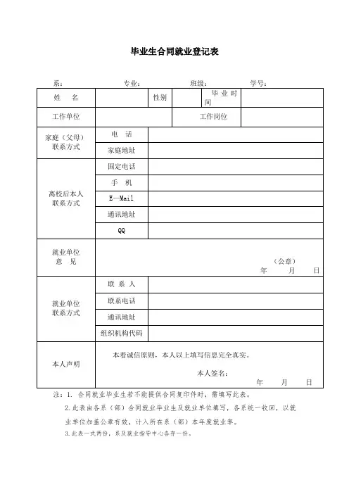 毕业生合同就业登记表