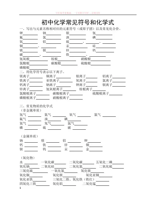 初中化学常见符号和化学式