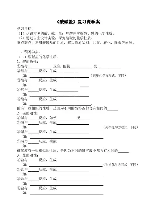 人教版初三化学下册《酸碱盐》复习学案