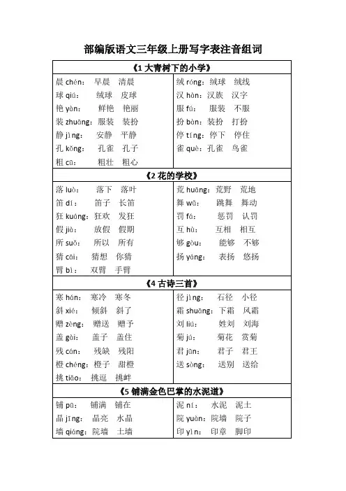 部编版语文三年级上册写字表注音组词