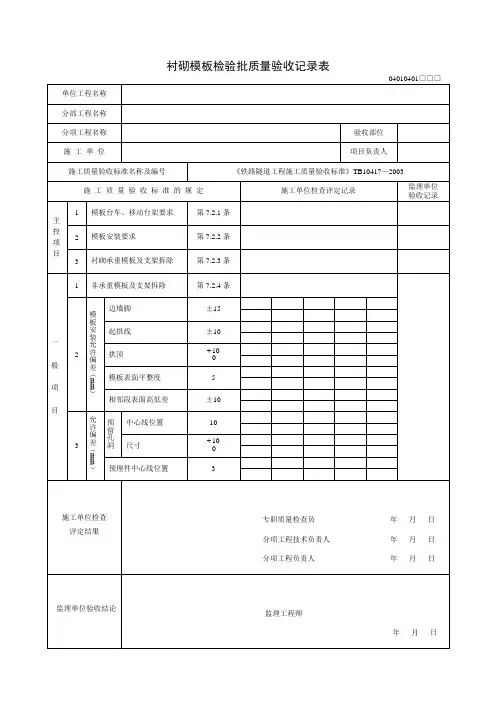 衬砌模板检验批质量验收记录表及填写指南