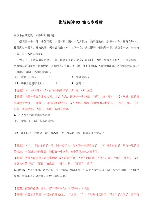 比较阅读03  湖心亭看雪-九年级语文上学期之课内外文言文比较阅读(解析版)