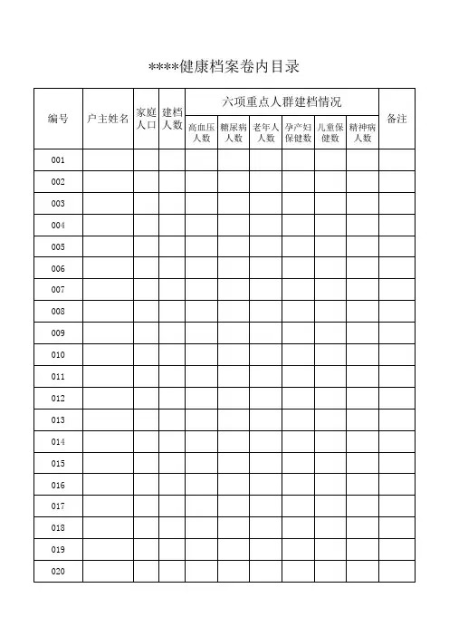健康档案统计及档案盒内目录表格