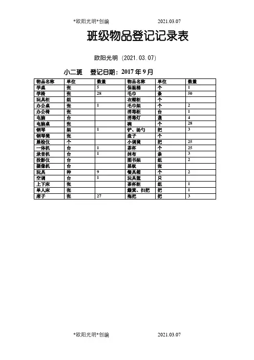 幼儿园班级物品登记表之欧阳光明创编