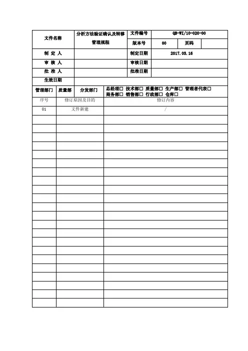 10020分析方法验证确认及转移管理规程