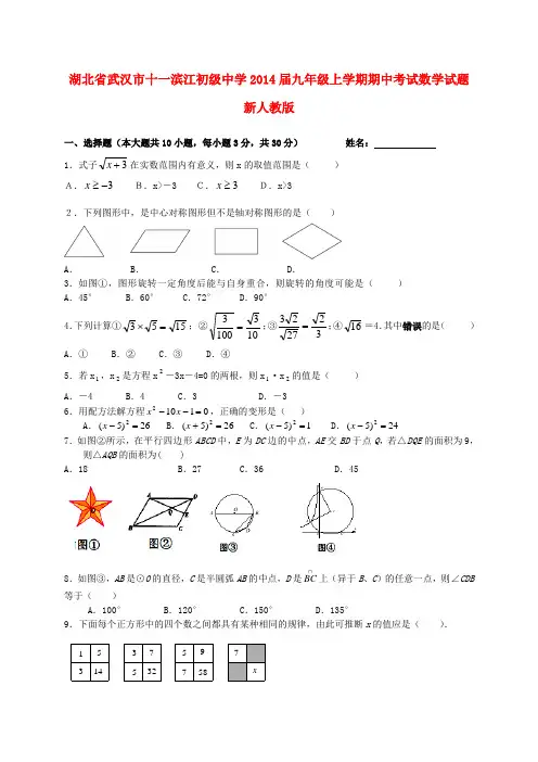 湖北省武汉市十一滨江初级中学2014届九年级数学上学期期中试题(含答案)