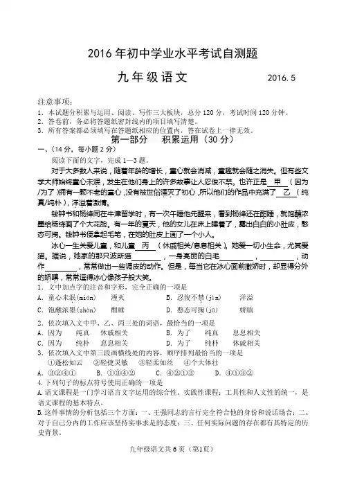 2016年初中学业水平考试自测题九年级语文及答案