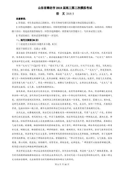 山东省潍坊市2019届高三5月份第三次模拟考试语文试题含答案