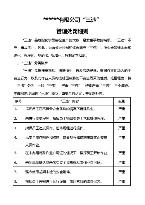 “三违”处罚细则