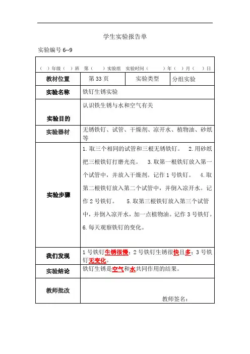 苏教版科学六年级上册分组实验报告单9：铁钉生锈了