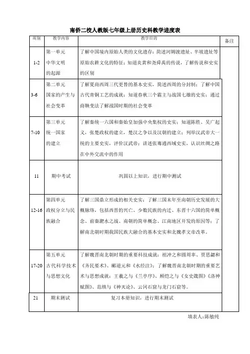 人教版七上历史教学进度表