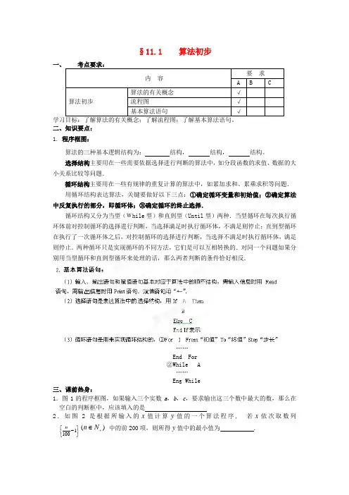 江苏省海门市包场高级中学高考数学一轮复习 算法初步教学案