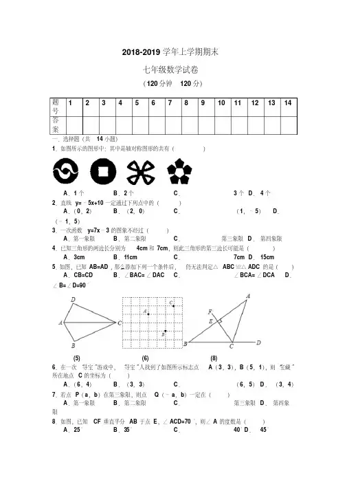 2018-2019学年鲁教版七年级上册数学期末测试题及答案