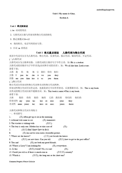 人教版七年级上册英语UNIT1单元重点语法人称代词与物主代词