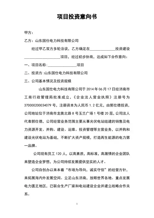 项目投资意向书