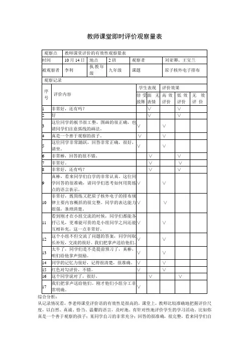 教师课堂评价的有效性观察量表