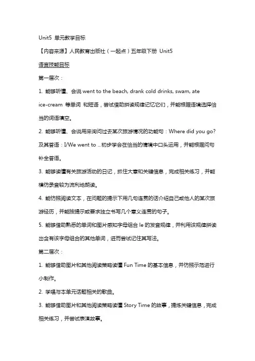 人教版(新起点)英语五年级下册：unit 5《have a great trip》单元教学目标