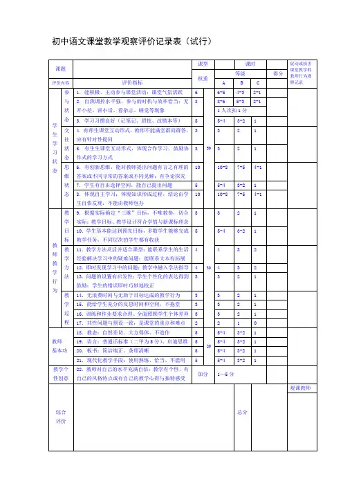 初中语文课堂教学观察评价记录表(试行) 