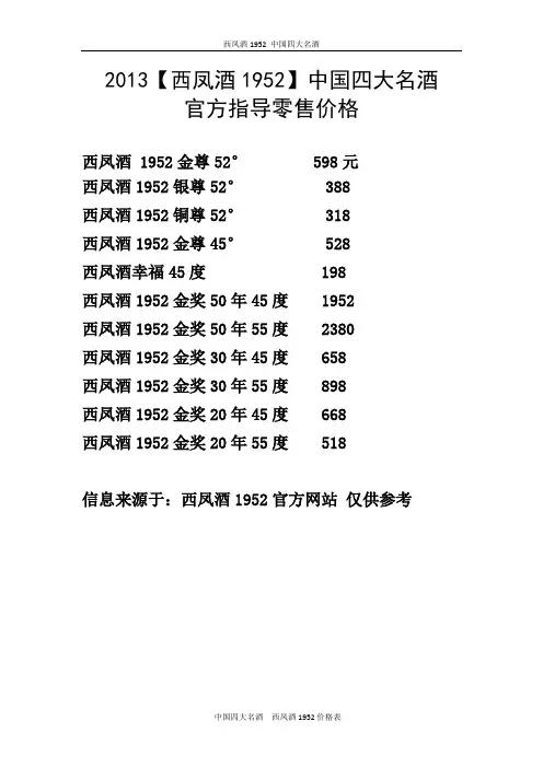 2013最新西凤酒1952价格表