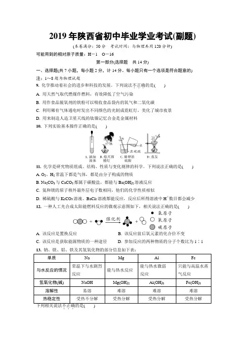 10.中考化学2019年陕西省初中毕业学业考试(副题)含答案