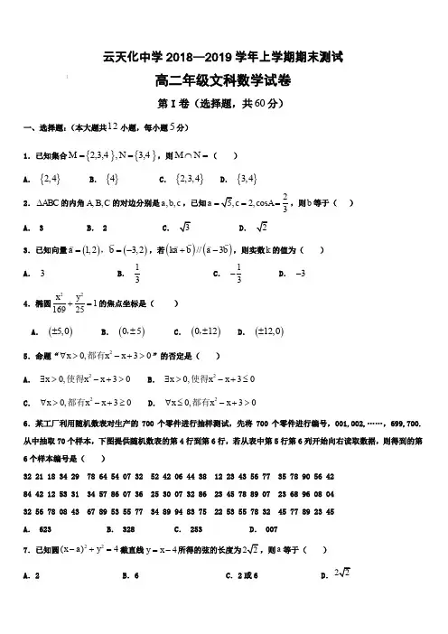 云南省云天化中学2018-2019学年高二上学期期末考试数学(文)试题 解析版