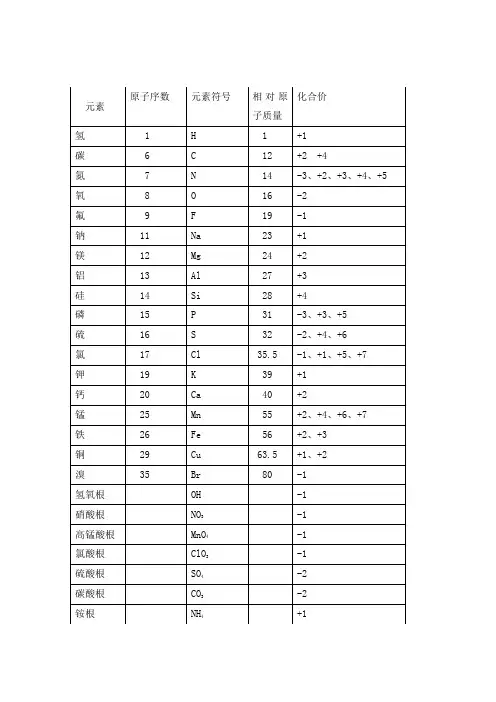 初中常见化合价