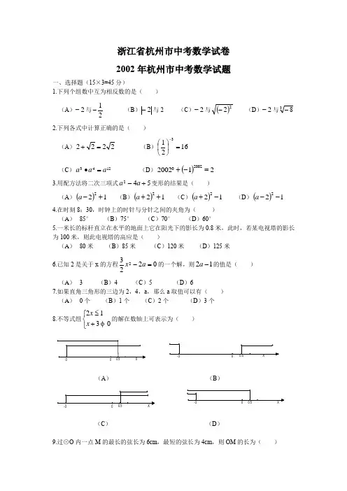 2002年浙江省杭州市中考数学试卷