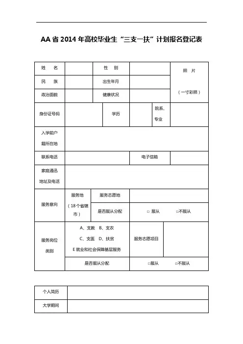 AA省2014年高校毕业生“三支一扶”计划报名登记表