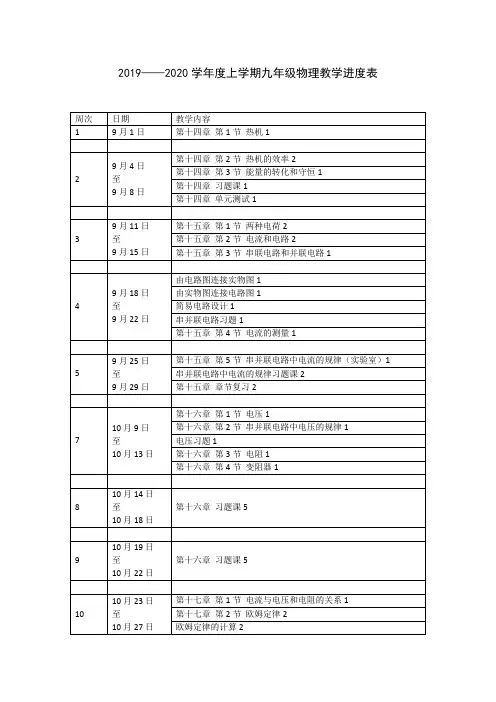 九年级物理教学进度表
