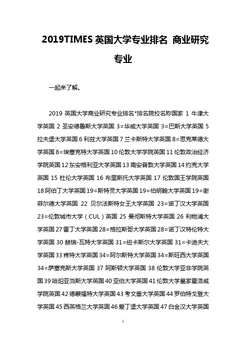 2019TIMES英国大学专业排名 商业研究专业
