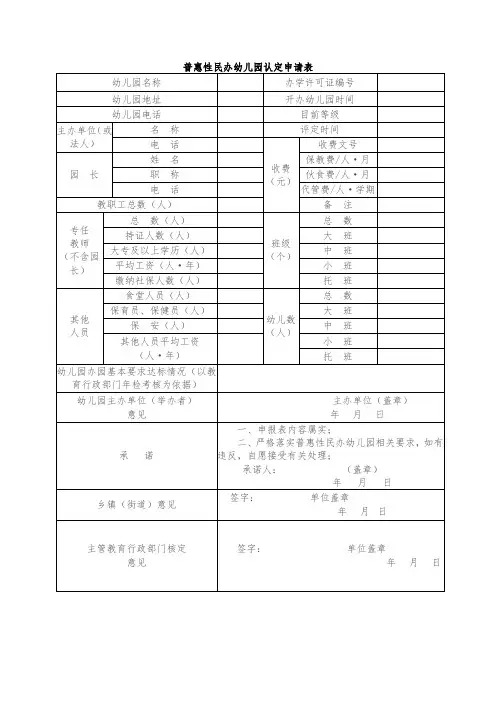普惠性民办幼儿园认定申请表