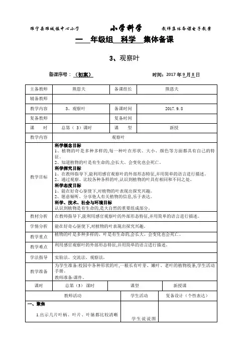 一年级科学上册3、观察叶4、这是谁的叶教学设计