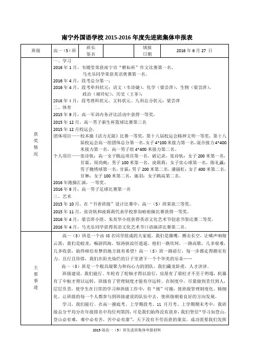 南宁外国语学校2015-2016年度先进班集体申报表【高一(5)班】
