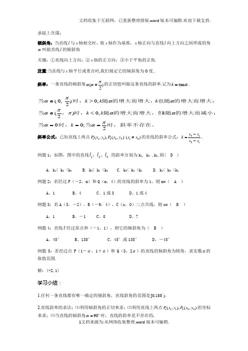 直线倾斜角、斜率、斜率公式-直线方程的各种表示方法